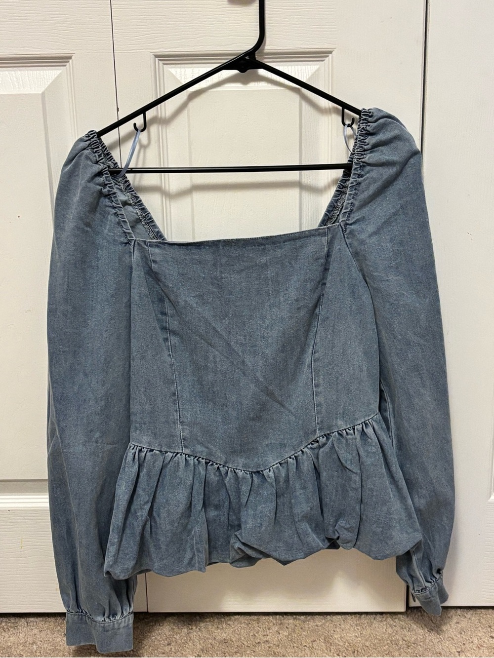 Denim Blue Puff Sleeve Peplum Top